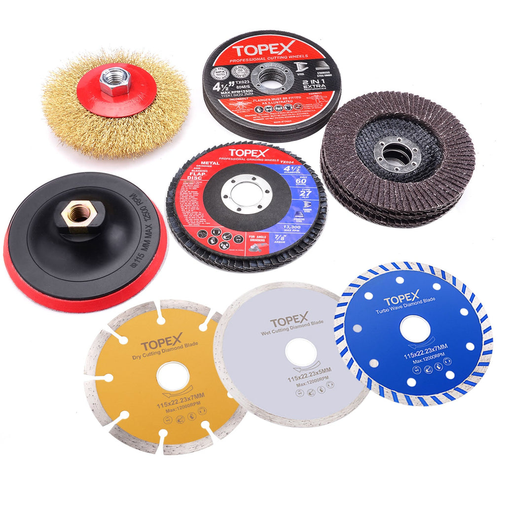 TOPEX 900W 125mm 5'' Angle Grinder w/ 20PCs 115mm Combo Discs Cut Grind Polish