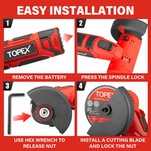 Load image into Gallery viewer, TOPEX 12V Cordless Angle Grinder 1 Wrench for Metal and Wood w/12V 2.0Ah Lithium-Ion Battery&amp;14.4V /0.4A charger/50PCS 85mm Cutting Wheels Discs