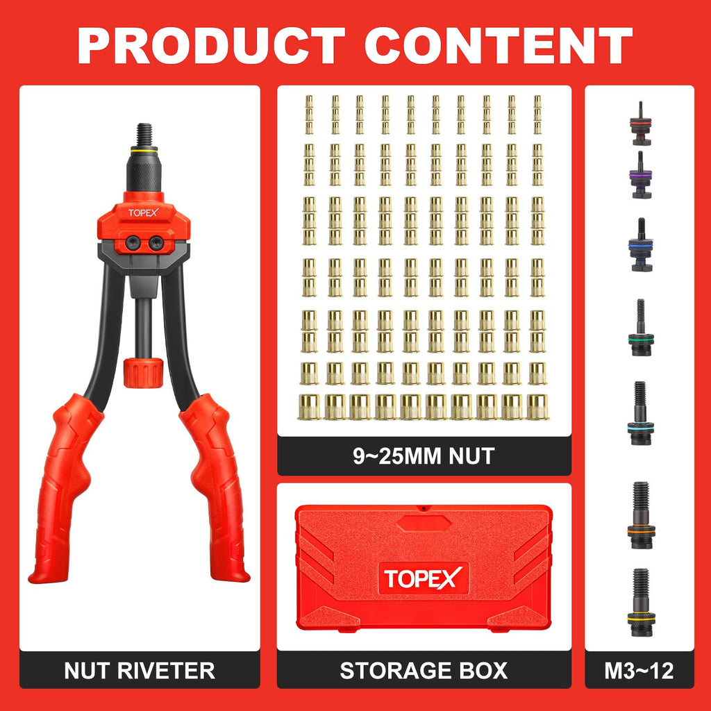 TOPEX 160PCS Heavy Duty Nut Rivet Riveter Rivnut Nutsert Gun Riveting Kit Thread M3-12