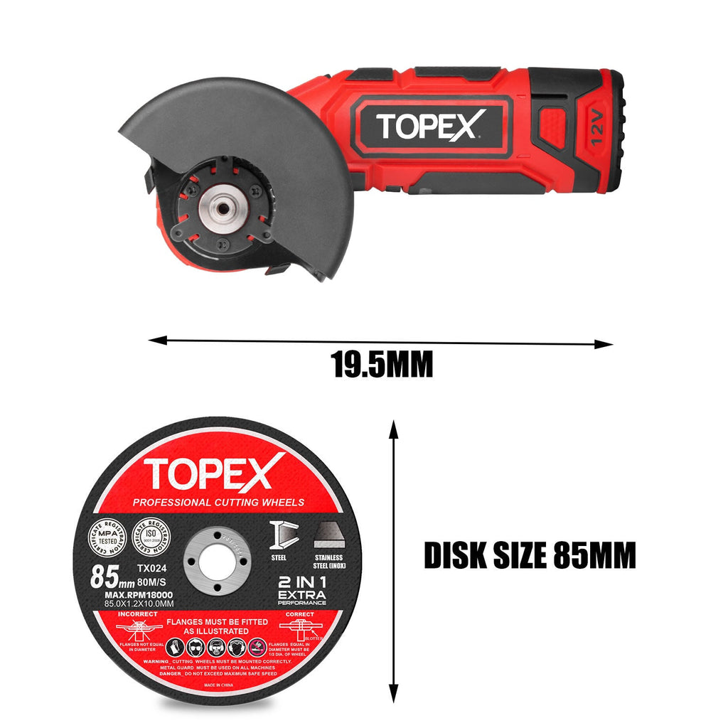 TOPEX 12V Cordless Angle Grinder 1 Wrench for Metal and Wood w/12V 2.0Ah Lithium-Ion Battery&14.4V /0.4A charger/50PCS 85mm Cutting Wheels Discs