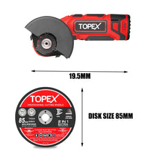 Load image into Gallery viewer, TOPEX 12V Cordless Angle Grinder 1 Wrench for Metal and Wood w/12V 2.0Ah Lithium-Ion Battery&amp;14.4V /0.4A charger/50PCS 85mm Cutting Wheels Discs