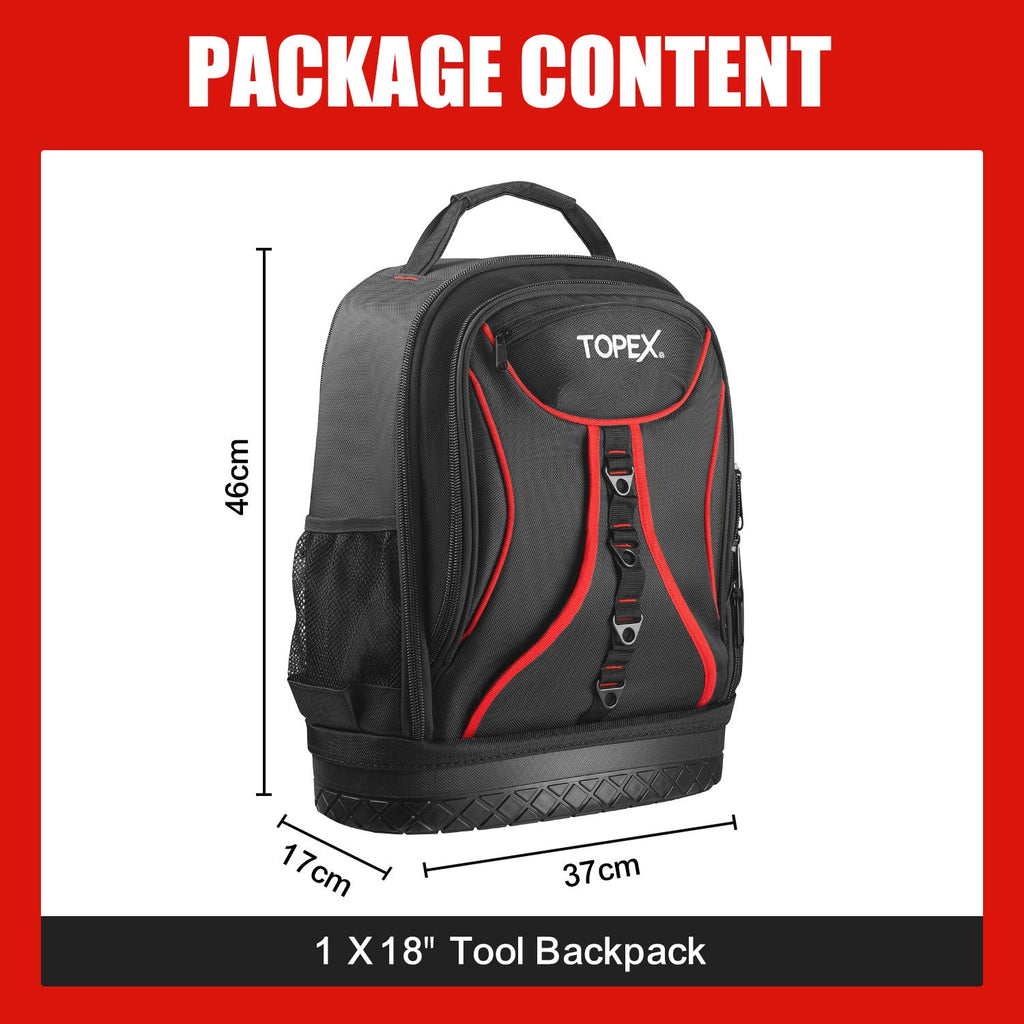 TOPEX 18 Inch Tool Backpack, 21 Pockets Inside and Outside Tool Organiser, Premium Fabric Tool Bag with Tough Bottom, for Home  and Workshop Organisations