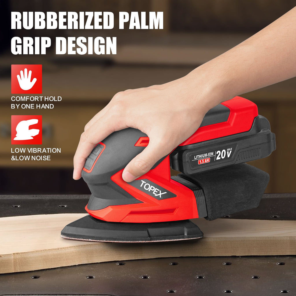 TOPEX 20V Cordless Detail Sander Electric Detail Sander Handheld Sanding Machine Small Triangular Palm Sander with Sandpaper & Dust Bag