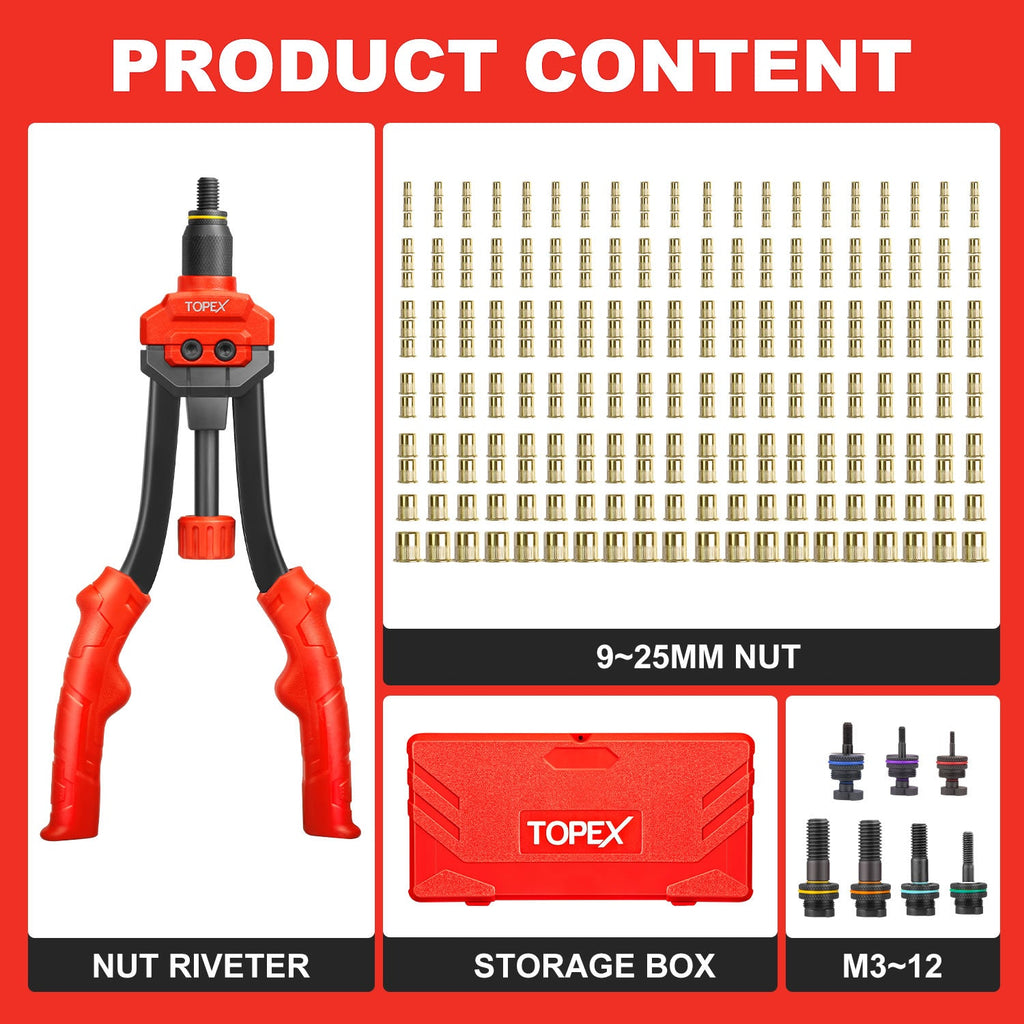 TOPEX 310PCS Rivnut Gun Set Heavy Duty Nut Rivet Riveter Rivnut Nutsert Gun w/Rivet Nut Set