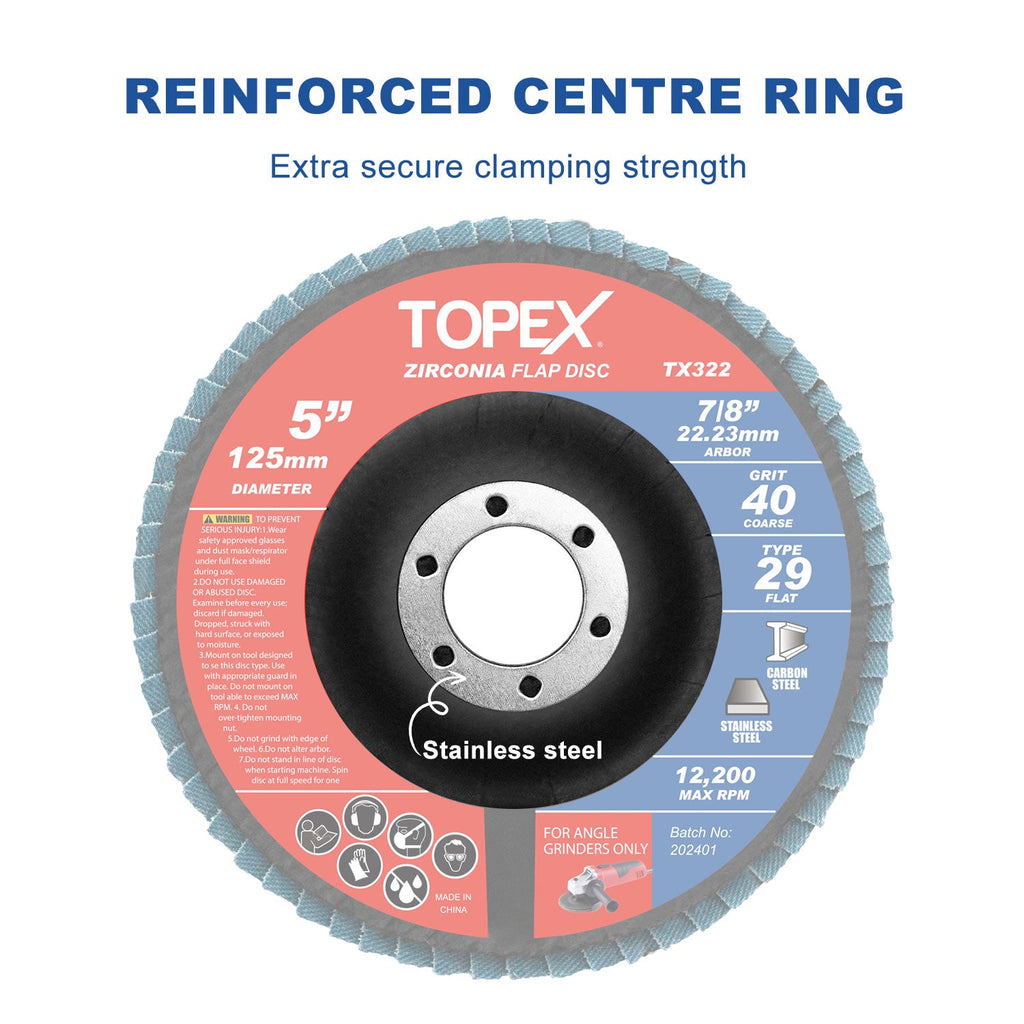 TOPEX 125mm Zirconia Flap Disc, 120 Grit, 10Pack