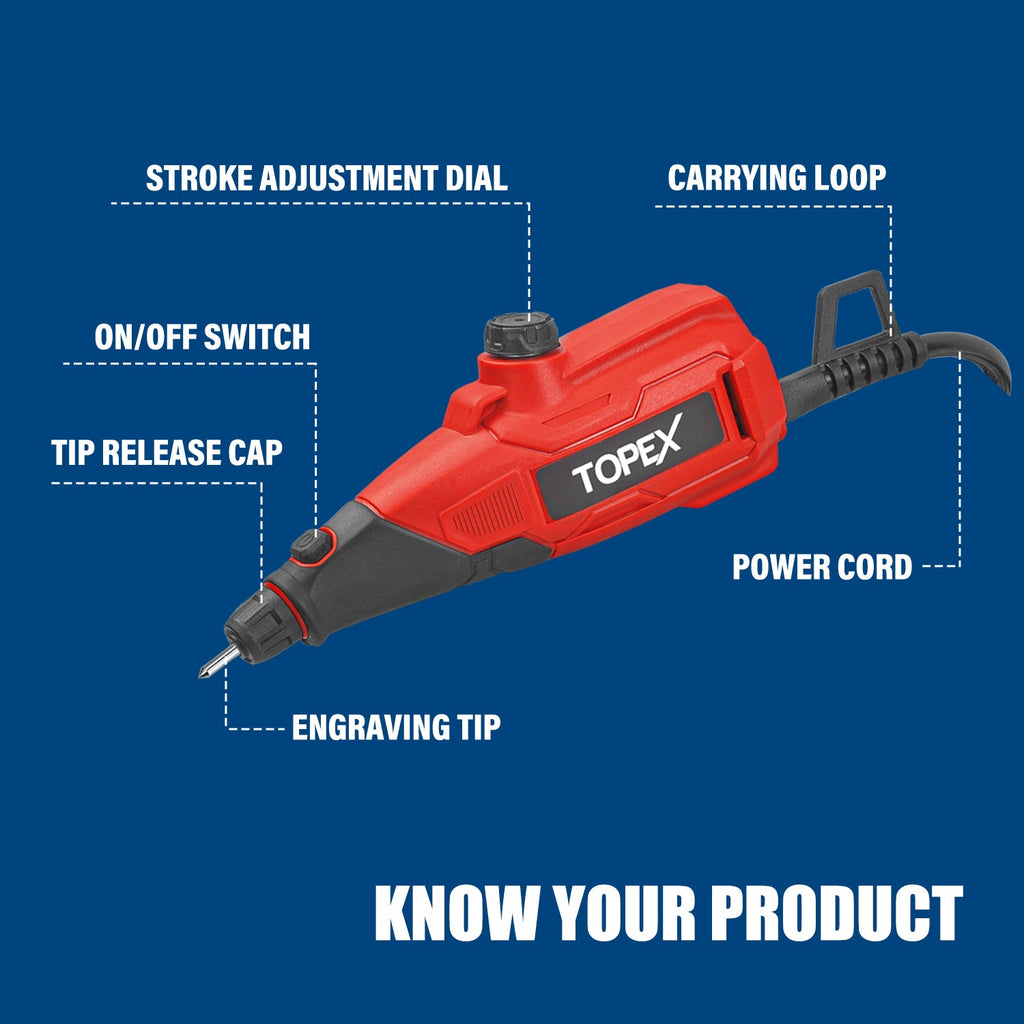 TOPEX 13W Electric Engraver Mini Versatile Etching Tool Kit With Stencils 2 Tips For Glass Metal Wood Plastic