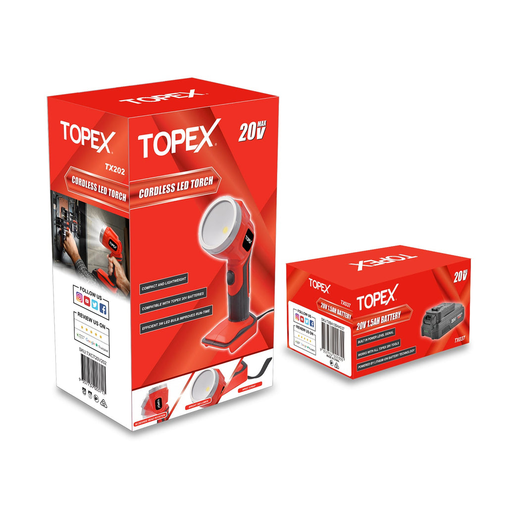 TOPEX 20V LED Light 300 Lumen Lightweight LED Torch w/ Battery & Charger