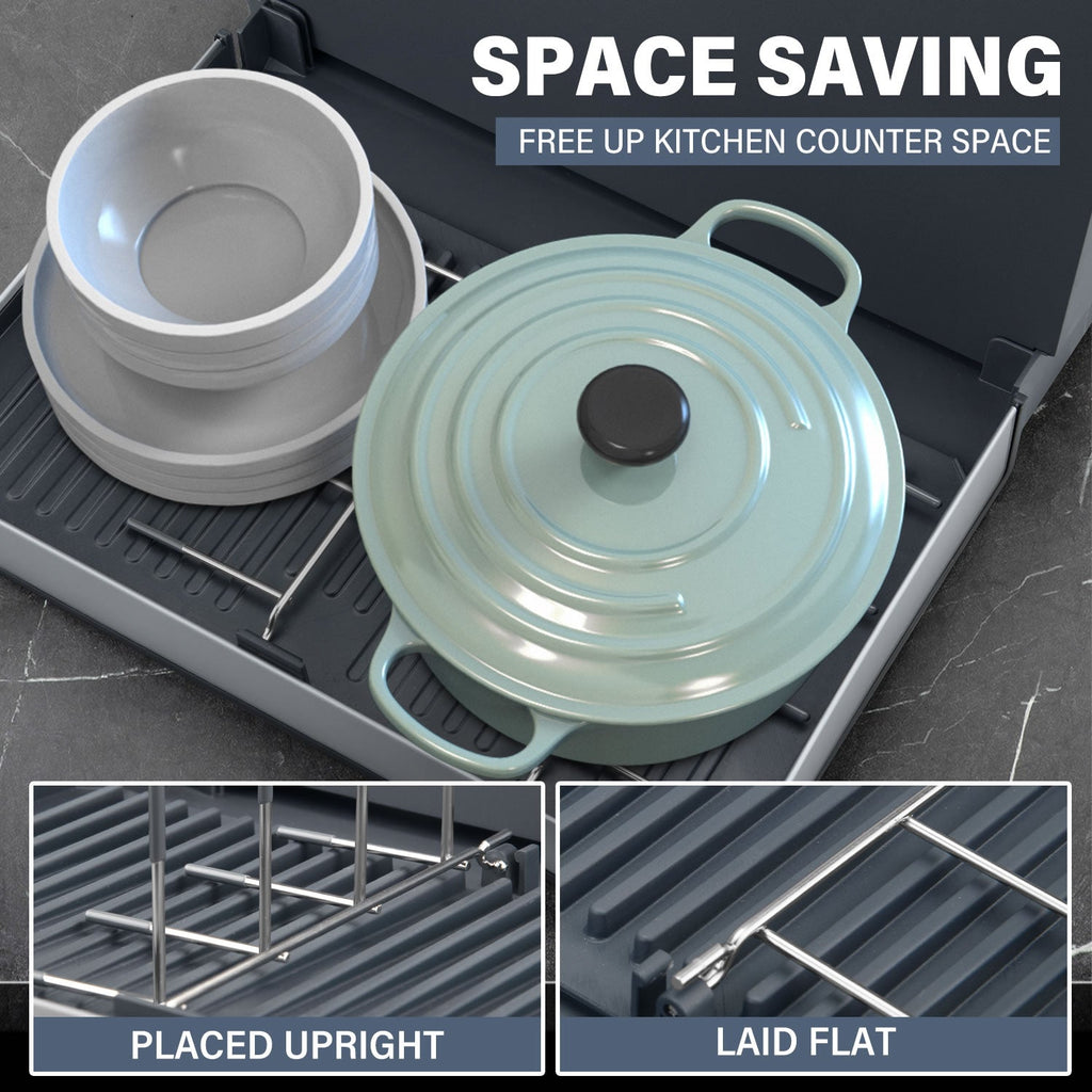 Stelive Foldable Dish Drying Rack with Dual Parts for Kitchen Counter Space-Saving Rack - Rustproof Removable Utensil Drainer & Drainage Spout, Gray