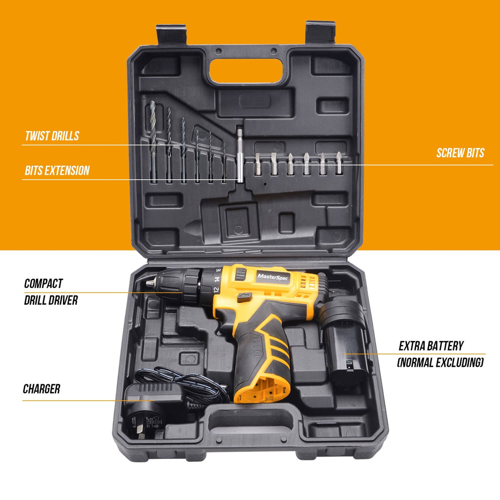 MasterSpec 12V Cordless Drill Driver Screwdriver Accessories W/1 Battery Charger
