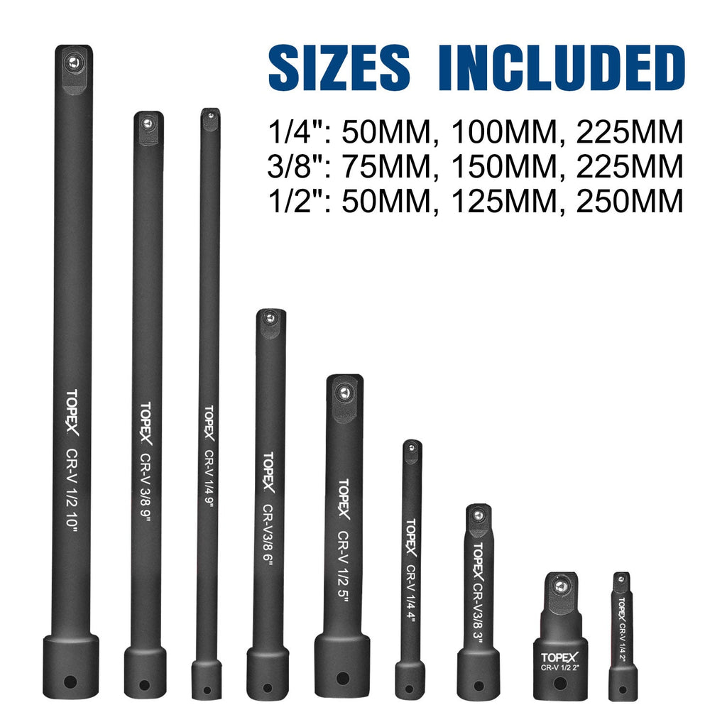 TOPEX 9-Piece Extension Bar Set 1/4" 3/8" and 1/2" Black Drive Socket Extensions