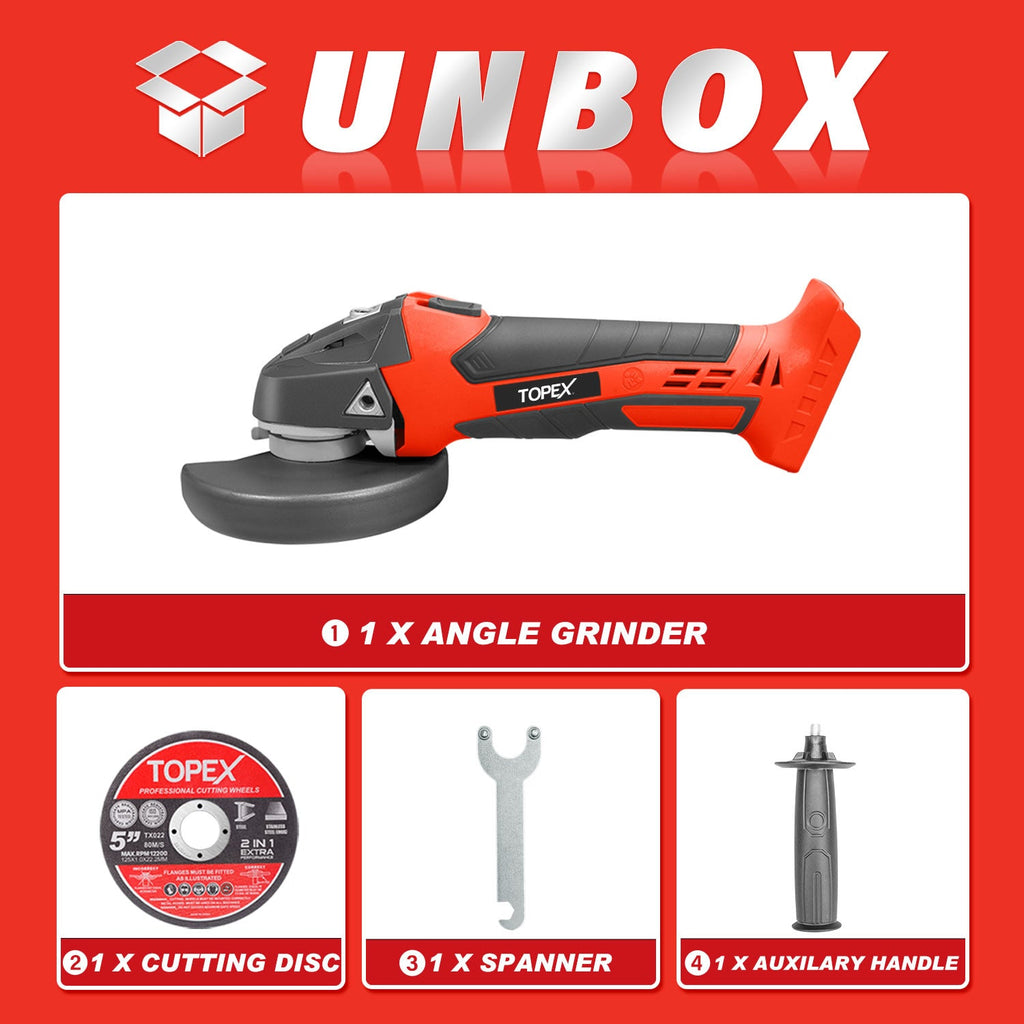 TOPEX 20V Cordless Angle Grinder 125mm Li-ion Grinding Cutting Power Tool Skin Only