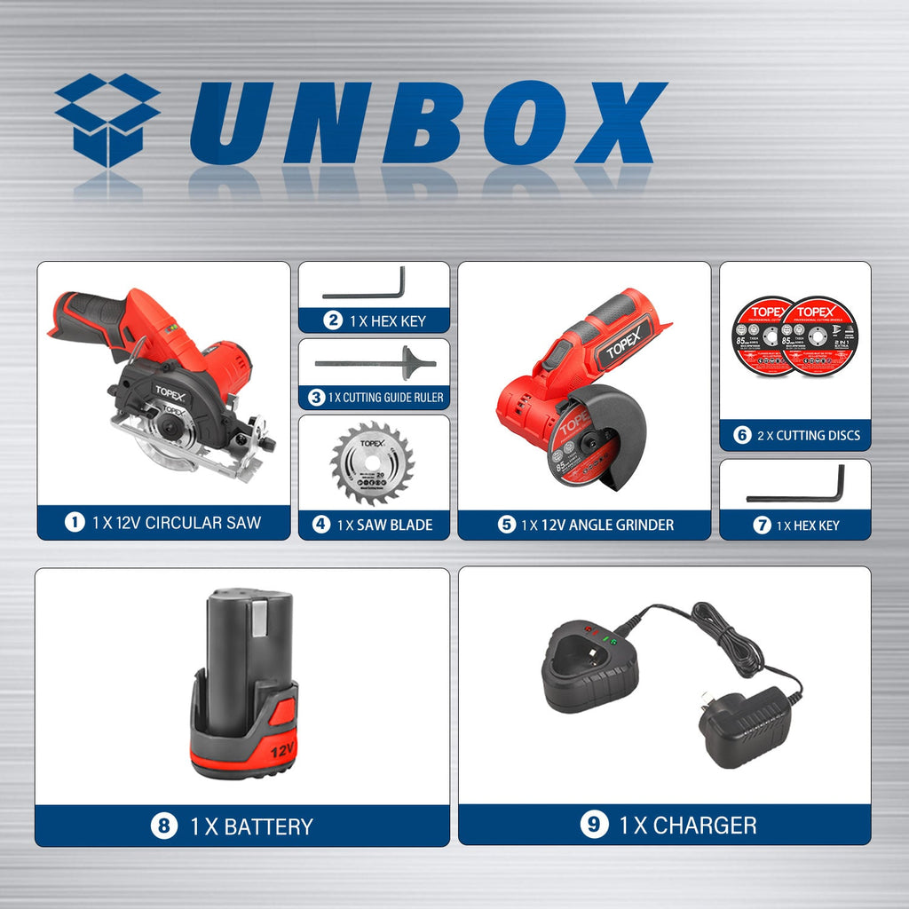 TOPEX 12V Cordless Power Tool Kit Angle Grinder Circular Saw