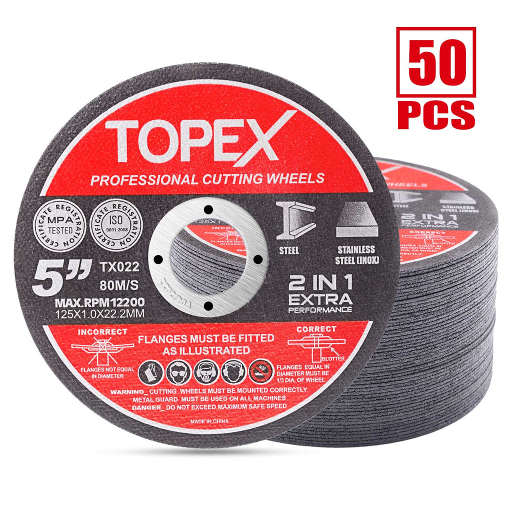 TOPEX 50-Piece 125mm 5" Professional Cutting Wheels Discs 2 in 1 Steel Inox Ultra Thin